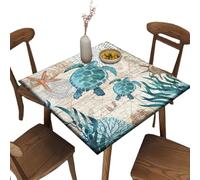 Bictucem Elastic Edge Fitted Square Tablecloth, Blue Green Ocean Turtle Polyester Table Cloth, Great for Outdoor Home Kitchen/Parties/Holiday Dinner, Fit for 36" x 36"Square Table