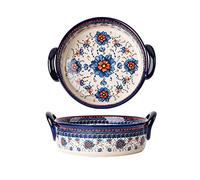 Bicuzat Blue and Orange Flower Vintage Style Ceramic Bakeware Casserole Lasagna Pans Baking Dish with Handles for Oven/Cooking/Kitchen-1 PCS-32 OZ