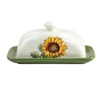 Bicuzat Ceramic Butter Dish With Lid - Keeper Plate Tray for Kitchen Countertop, Embossed Sunflower Pattern Crock Saver