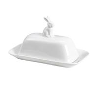 Bicuzat Ceramic Butter Dish With Lid - Keeper Plate Tray for Kitchen Countertop, Pure White 3D Rabbit Pattern Crock Saver