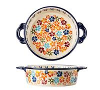 Bicuzat Colorful Cherry Blossom Flowers Vintage Style Ceramic Bakeware Dish Casserole Dish Baking Pan Lasagna Pans with Handles for Oven/Cooking/Kitchen, 1 PCS, 32 oz
