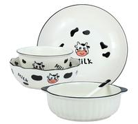 Bicuzat Cute Cartoon Milk Cow Dinnerware Sets, Ceramic Cow Dinner Plate Bowl Spoon Set for one, Set of 5