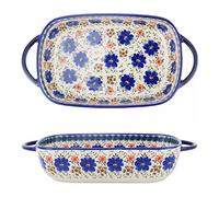 Bicuzat Phalaenopsis Vintage Style Polish Pottery Ceramic Casserole with Handles for Table Oven Blue 700ml / 24 fl oz