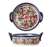 Bicuzat Red Daisy Flower Vintage Style Ceramic Bakeware Casserole Dish Baking Pan Lasagna Pans Baking Dish with Handles for Oven/Cooking/Kitchen-1 PCS, 32 OZ