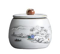 Bicuzat Traditional Chinese Style Ceramic Tea Canister - 6 OZ, 2.5 Inch x 3 Inch, Airtight, Dry Food Storage Container for Tea, Coffee, Herb, Sugar, Spice, Nuts