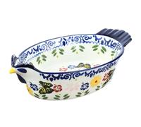 Bicuzat Vintage Butterfly and Flower Pattern Pie Pan, Chicken Shape Ceramic Bakeware Casserole Dish Baking Pan Bakers Lasagna Pans Soup Bowl Baking Dish for Oven to Table-Blue-25 OZ