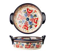 Bicuzat Vintage Flowers Style Ceramic Bakeware Casserole Dish Baking Pan Lasagna Pans Baking Dish with Handles for Oven/Cooking/Kitchen-1 PCS-Red Flowers-32 OZ