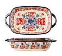 Bicuzat Vintage Flowers Style Ceramic Bakeware Casserole Dish Baking Pan Lasagna Pans Baking Dish with Handles for Oven/Cooking/Kitchen-1 PCS-Red Flowers-60 OZ