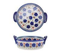 Bicuzat Vintage Style Blue Flowers Phalaenopsis Pottery Bakeware Ceramic Casserole Dish Baking Pan Lasagna Pans Baking Dish with Handles for Oven to Table-1 PCS, 32 OZ