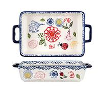 Bicuzat Vintage Style Flower and Butterfly Ladybug Pattern Bakeware Ceramic Casserole Dish Baking Pan Lasagna Pans Baking Dish with Handles for Oven to Table-1 PCS-A-Rec-Small