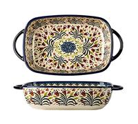 Bicuzat Vintage-Style Tulip Flower Pattern Ceramic Baking Dish, Casserole Dish, Lasagna Pan, Baking Dish with Handles for Oven/Cooking/Kitchen - 1 PC - 1.7 Liters