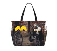 Bicycle and Moto Scooter Print Large Waterproof Beach Tote Bag for Women with Zip and Pockets Foldable Handbag for Travel Pool Shopping Holiday Gym