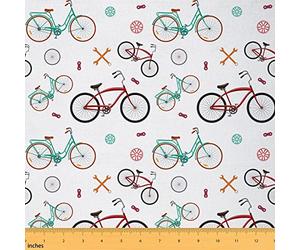 Bicycle Fabric by The Yard Cartoon Cute Retro Urban Bikes Theme Upholstery Fabric for Chairs and Home DIY Projects Sports Bicycle Tire Decorative Waterproof Outdoor Fabric 1 Yard (L92*W150cm)