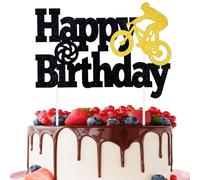 Bicycle Happy Birthday Cake Topper - Black Glitter Bicycle Cake Decoration for Sports Theme Party, Birthday Party Cake Decor Supplies