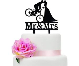 Bicycle Kissing Bride and Groom Wedding Cake Topper, Black Acrylic Mr & Mrs Wedding Cake Topper, Funny Wedding Cake Topper, Bridal Shower Cake Topper