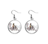 Bicycle Lady France Illustration Pattern Ear Dangle Silver Drop Earring Jewelry Woman