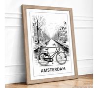 Bicycle on Amsterdam Canal Minimalist Framed Wall Art Print A2 (59.4×42cm) Oak, Wall Decor for Living Room, Bedroom, Office & Home, Ready to Hang, Art Gift
