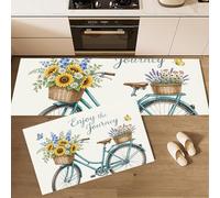 Bicycle Sunflowers Kitchen Mat Sets Non Slip Washable, Fresh Watercolor Pastoral Kitchen Rugs Runner Set of 2 Anti Fatigue Kitchens Floor Mat for Home Decor Office Standing Desk 45x75cm+45x150cm