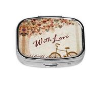 Bicycle Under Heart Tree Romantic Print Pill Box 2 Compartment Medicine Pill Case,Portable for Pocket Or Purse Pill Box Decorative Metal Medicine Organizer