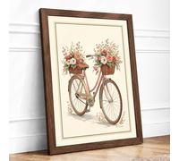 Bicycle with Flower Baskets Vintage Framed Wall Art Print A2 (59.4×42cm) Walnut, Wall Decor for Living Room, Bedroom, Office & Home, Ready to Hang, Art Gift