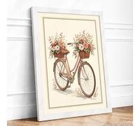 Bicycle with Flower Baskets Vintage Framed Wall Art Print A4 (29.7×21cm) White, Wall Decor for Living Room, Bedroom, Office & Home, Ready to Hang, Art Gift