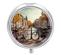 Bicycles in Amsterdam 3 Compartment Pill Box, Portable Round Pill Box, Vitamin Holder, Decorative Metal Medicine Organizer