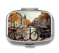 Bicycles in Amsterdam Pill Box,2 Compartments Square Pills Container,Portable for Pocket Or Purse Pill Organizer to Hold Vitamins,Medication,Fish Oil,etc