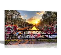Bicycles on Bridge in Amsterdam Sunrise Canvas Prints Home Decor Wall Art Pictures Office Bedroom Framed City Artwork Large 76 x 50cm (30 x 20 inches)