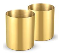 Bidponds 2 Packs Gold Round Stainless Steel Pen Holder,Pencil Cup Desktop Stationery Organizer,Vacuum Plating Makeup Brush Holder