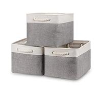 Bidtakay Baskets Set of 3 Storage Baskets for Organizing Large Fabric Storage Bins for Shelves Decorative Canvas Bins Collapsible Empty Baskets for Closet,Nursery,Shoes, 15x11x9.5 inches (White&Grey)