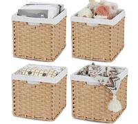 Bidtakay Wicker Storage Baskets with Liners 11x11 Storage Cube Bins with Handles Imitation Water Hyacinth 4-Pack Waterproof Woven Storage Baskets for Organizing Rattan Baskets Organizer-Natural