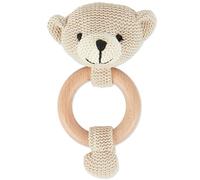 Bieco Baby Rattle | Diameter 8 cm, Length 14 cm | Cute Bear Crochet Rattle with Wooden Ring | Baby Grasping Toy Rattle for Boys & Girls | Bear Grasping Toy Crocheted with Rattle | Grasping Rings Baby