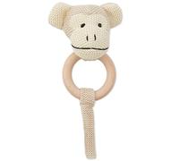 Bieco Grasping Toy Baby Rattle Cute Monkey Crochet Rattle with Wooden Ring Baby Grasping Toy Rattle for Boys and Girls Monkey Grasping Toy Crochet with Rattle Grabbing Rings Baby Monkey