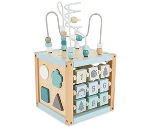 Bieco Scandi-Chic Motor Skills Cube | Motor Skills Toy from 1 Year | Modern Activity Centre Baby | Motor Skills Cube Wooden Activity Cube Baby with Plug-In Game and Motor Skills Loop