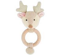 Bieco Wooden Baby Rattle Teether | Ø 10cm, Length 17cm | Cute Deer Baby Rattle Cotton with Wood Ring | Teether for Boys & Girls | Deer Fabric