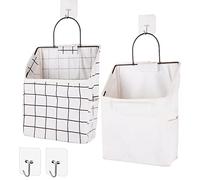BieFuSin 2Pcs White Plaid Fabric Wall Hanging Storage with Hook, Hanging Waterproof Storage Bags with Side Mesh Pockets, Stylish Hanging Storage Pouches for Bedroom, Bathroom, Kitchen