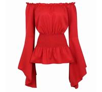 BIEGMAI Medieval Renaissance Women's Off The Shoulder Blouse - Long Sleeve Smocked Gothic Pirate Shirt, Peasant Style Vintage Top for Cosplay/Theme Party (Red, XL)