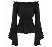 BIEGMAI Medieval Renaissance Women's Off The Shoulder Blouse - Long Sleeve Smocked Gothic Pirate Shirt, Peasant Style Vintage Top for Cosplay/Theme Party (Black, XL)