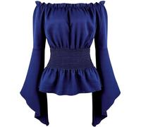 BIEGMAI Medieval Renaissance Women's Off The Shoulder Blouse - Long Sleeve Smocked Gothic Pirate Shirt, Peasant Style Vintage Top for Cosplay/Theme Party (Dark Blue, 3XL)