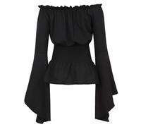 BIEGMAI Medieval Renaissance Women's Off The Shoulder Blouse - Long Sleeve Smocked Gothic Pirate Shirt, Peasant Style Vintage Top for Cosplay/Theme Party (Black1, L)
