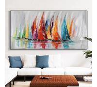 BIEMBI Abstract Canvas Picture Colorful Sailing Boat Painting Large Size Canvas Paintings Modern Wall Art for Living Room Decor 65x130cm With-Black-Framed