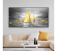 BIEMBI Abstract Golden Ship Landscape Poster Canvas Print Painting Modern Luxury Boat Pictures for Living Room Home Wall Decor 50x100cm Frameless