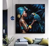 BIEMBI Modern Art Paintings African Woman Play Parrot Canvas Prints Wall Art Abstract Pictures for Living Room Interior Decor 80x80cm Frameless