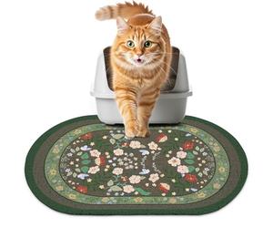 Bienbee Cat Litter Mat, 24" x 15" Litter Box Mat Rug with Non-Slip Bottom,Urine and Water Proof, Easy to Clean Cat Supplies Essentials for Indoor Kitty Kitten Floor, Green Flowers M