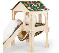 Bienbee Guinea Pig Hideout, Large Wooden Guinea Pig Castle with Stair, Hammock and Mat, Detachable Double-Decker Guinea Pigs House for Bunny Hamster Chinchilla Ferret Rabbit Guinea Pigs Accessories
