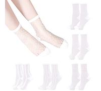 Bienvenu Sheer Socks Women, Lace Fishnet Mesh Nylon Socks, Thin Nylon Ankle Socks 5 Pairs, White, One size