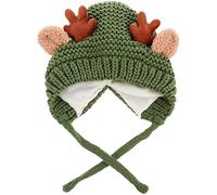 Bienwwow Baby Hat Christmas Reindeer Antlers Handmade Crochet Knitted Winter Warm Cap Kids Hat for Boys Girls Knitting Wool (Green,23x22cm)