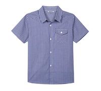 Bienzoe Boys Checked Shirt for Son: Kids School Short Sleeve Button Up Cute Tops Dkblue Size 13/14