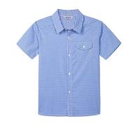 Bienzoe Boys Checked Shirt for Son: Kids School Short Sleeve Button Up Cute Tops LtBlue Size 13/14