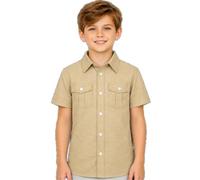Bienzoe Boys Short Sleeve Shirt for School: Kids Button Up Collared Dress Fashion Shirts Beige 16